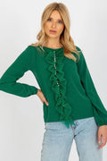 Chemisier Lakerta élégant pour femme en vert riche manches longues encolure ronde volants perlés
