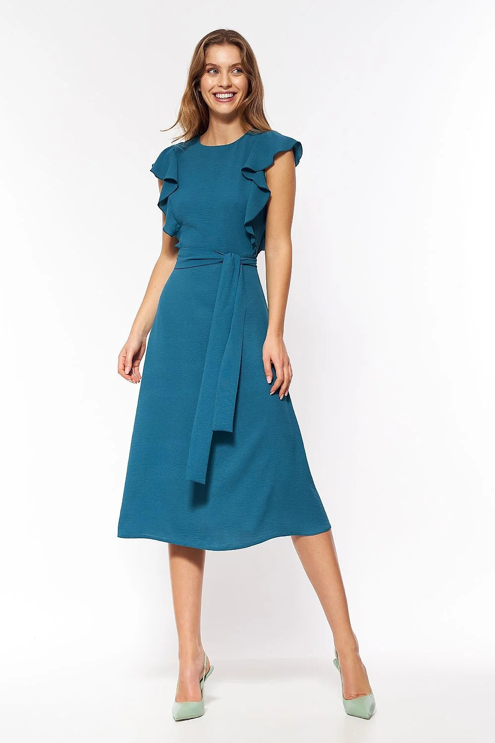 Robe élégante pour femme en tissu bleu pétrole manches volants coupe midi ceinture assortie taille ajustable