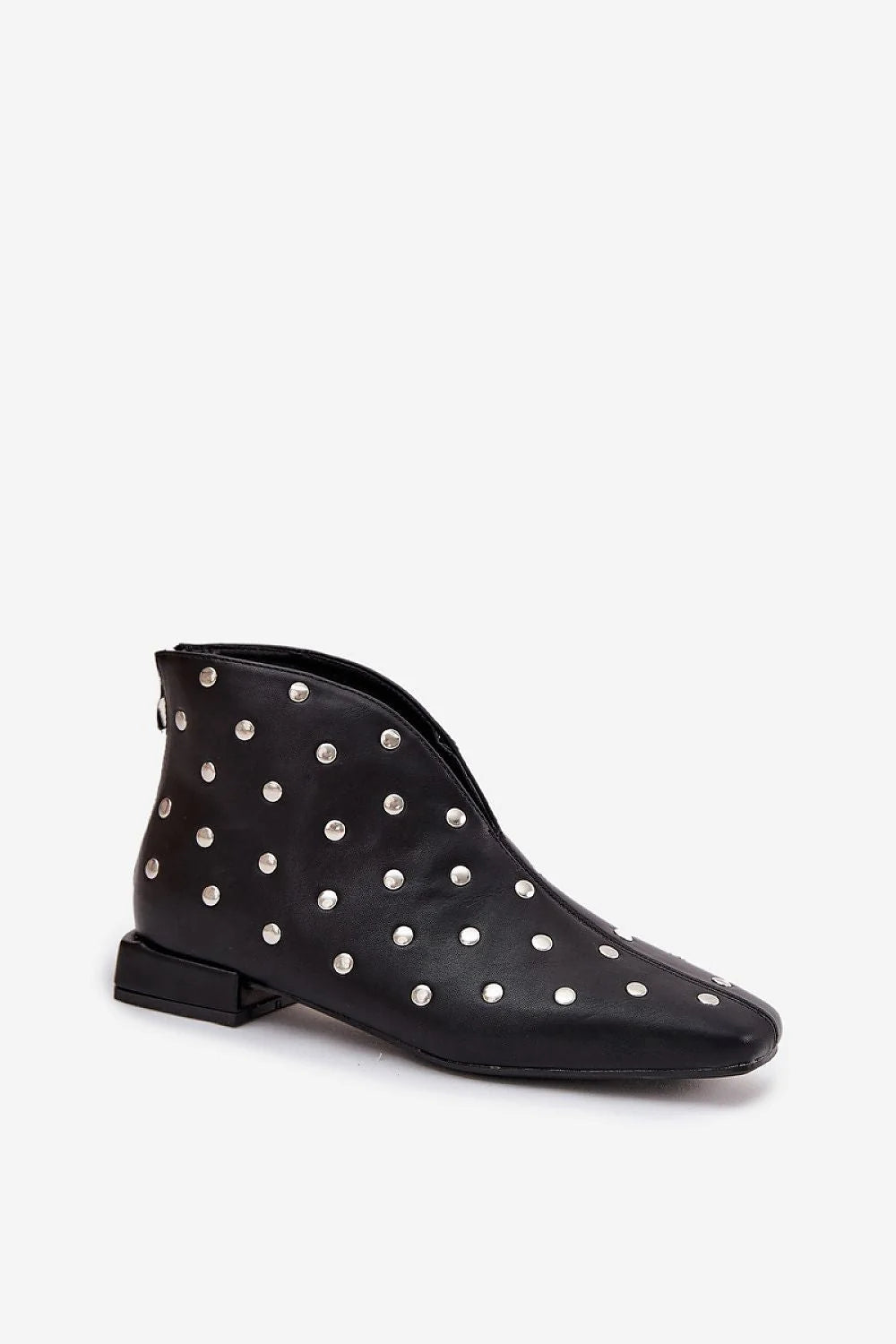 bottines femme cuir écologique noir cloutées argentées bout arrondi talon carré bas 3cm fermeture arrière enfilage facile rock chic confortable