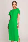 Robe de jour Stylove élégante féminine couleur verte tissu fluide manches courtes en papillon coupe droite ajustée