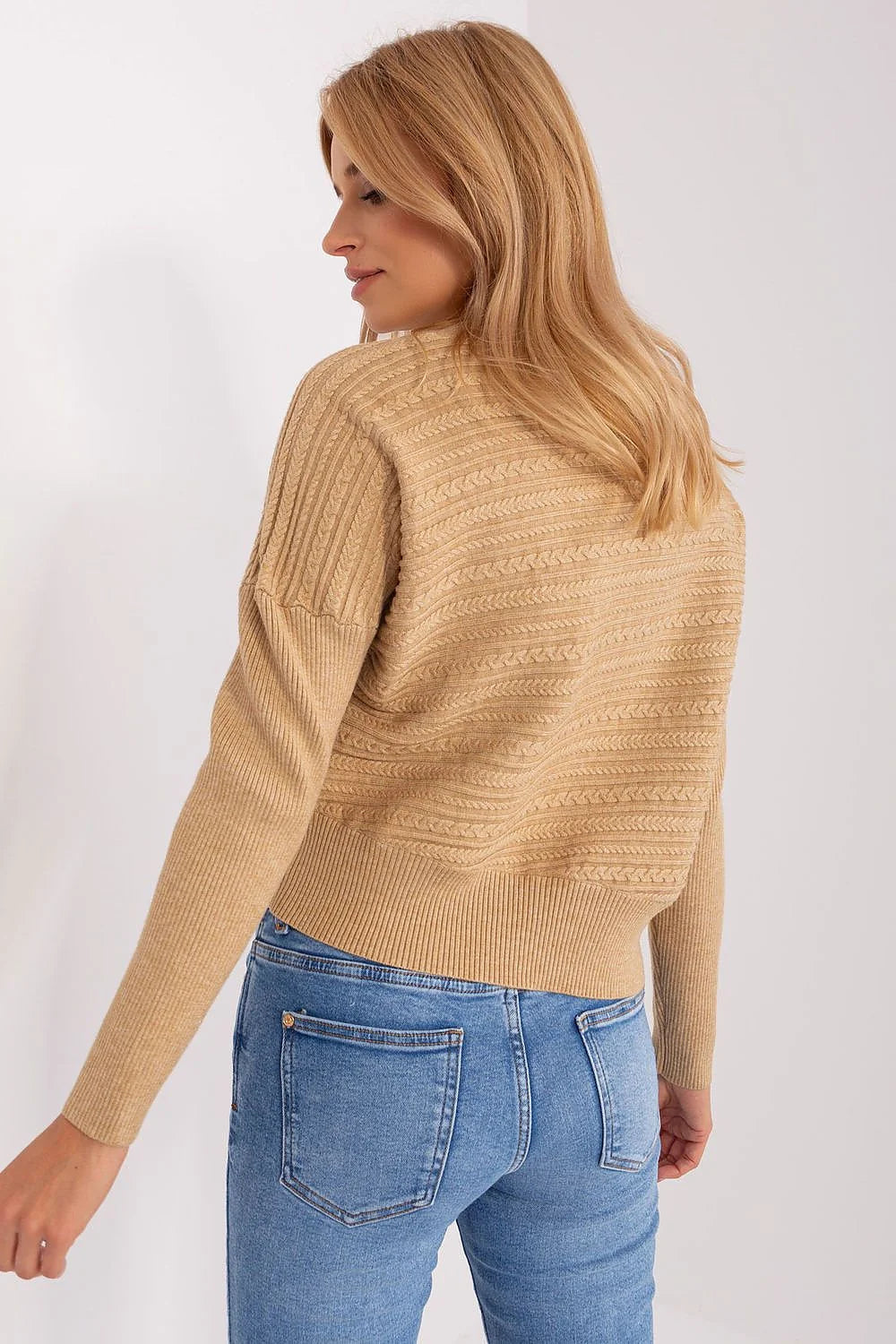 Pull pour femme style classique col montant motif torsade beige maille tricotée manches longues côtelé
