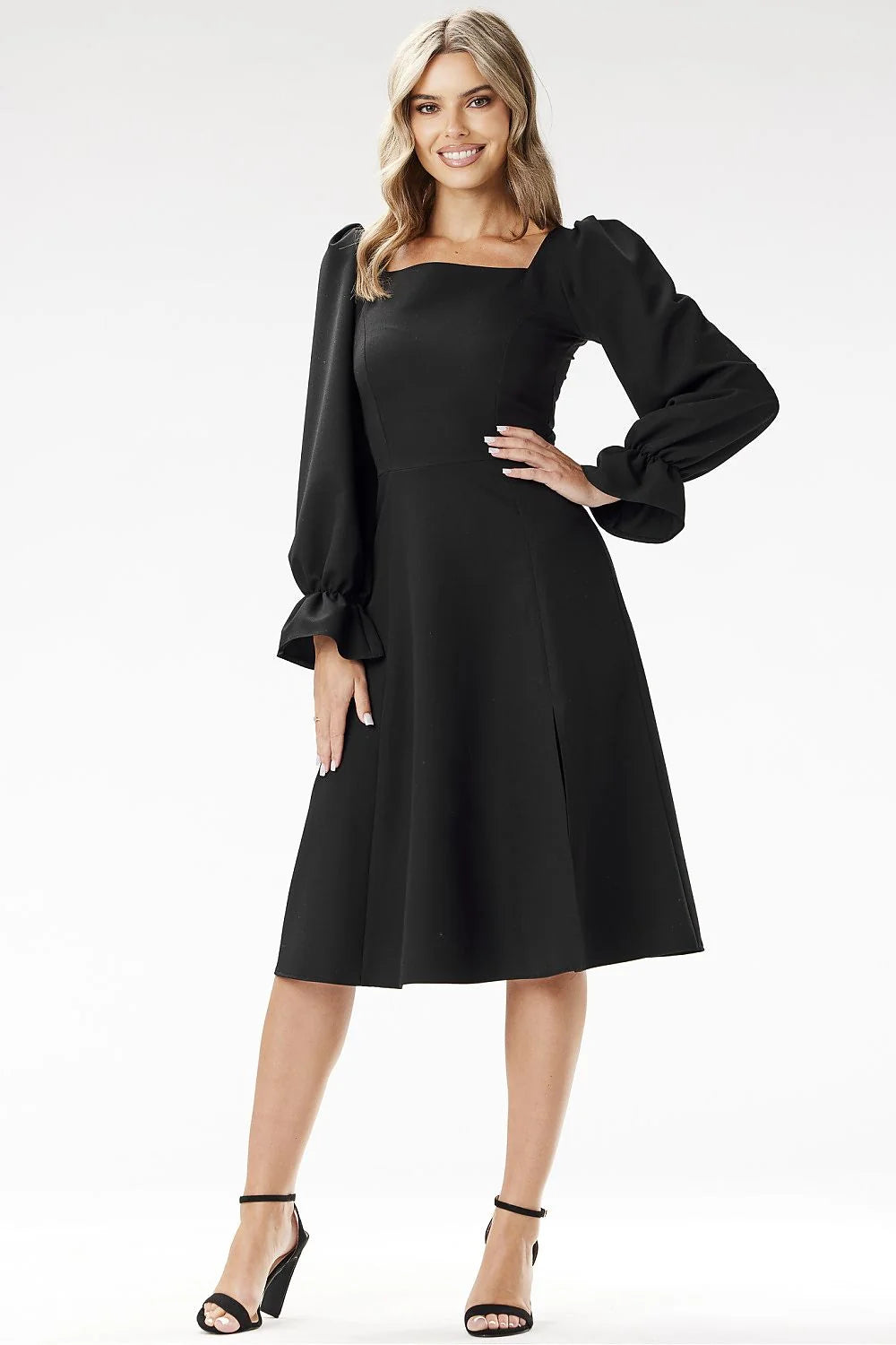 Robe de cocktail élégante en tissu polyester Awama manches longues évasée noire taille ajustable femme