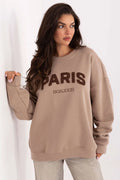 sweatshirt femme oversize taupe beige molleton coton polyester col rond épaules tombantes bords côtelés manches longues broderie PARIS BONJOUR casual