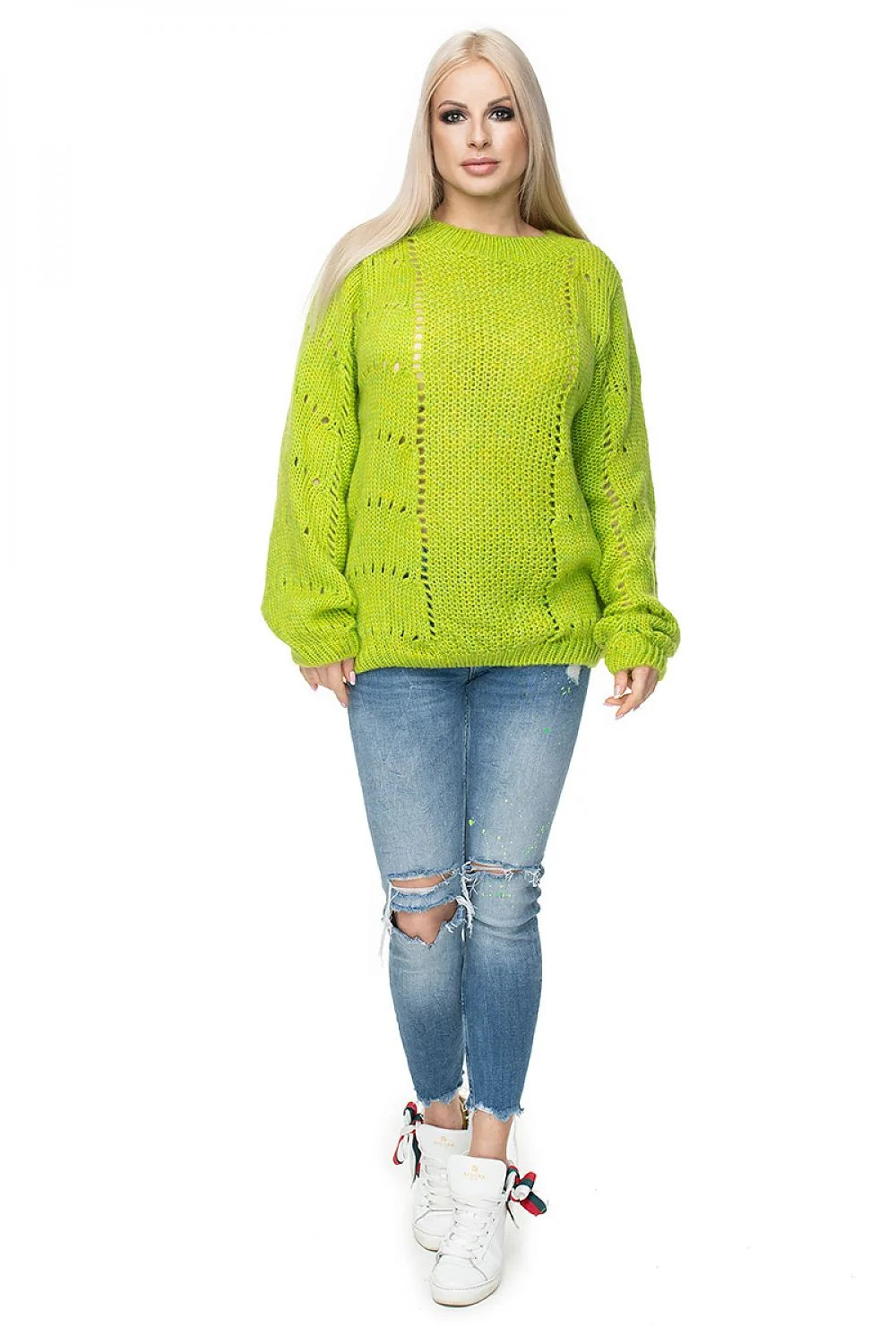 Pullover Femme Moderne Relaxé Manches Longues Vert Clair Fit Oversize Maille Épaisse Détails Ajourés Wool Blend Automne Hiver