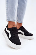 Chaussures de sport pour femmes modernes en suédine écologique noir blanc semelle épaisse confortable design épuré
