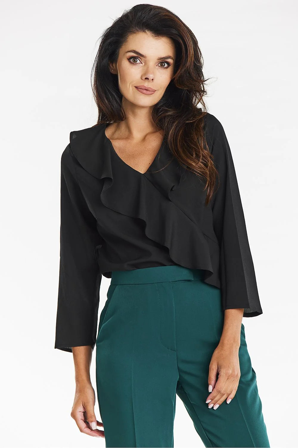Awama chemisier élégant volants noir col V asymétrique manches trois quarts fluide ajustée hanches ceinture taille haute professionnel soirée