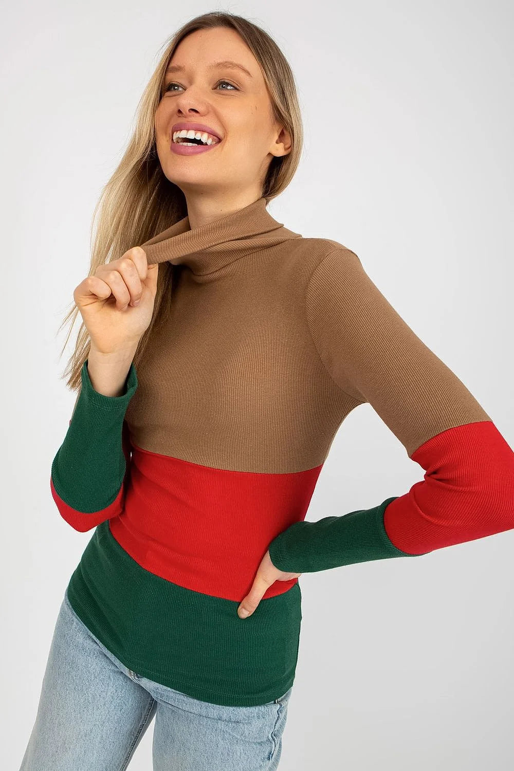 Pull col roulé multicolore maille côtelée coton élasthanne bleu rose vert ajusté manches longues ourlets nets design moderne