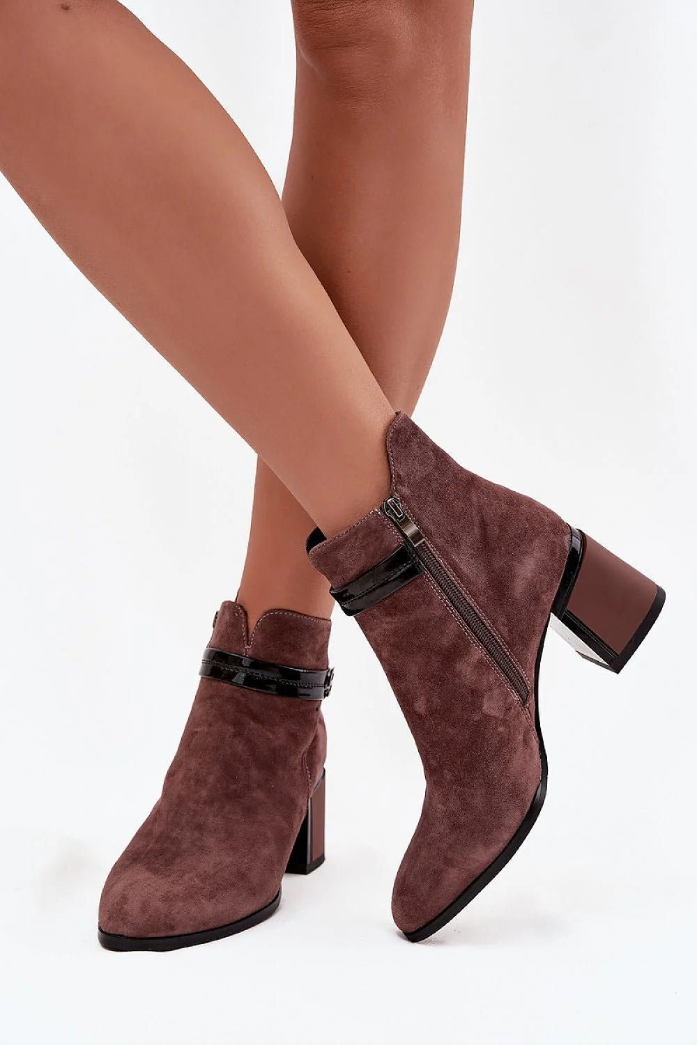 Bottines Femme Suède Vieux Rose Marron Bout Pointu Sangle Décorative Cuir Verni Boucle Talon Bloc Stable Confort Élégant