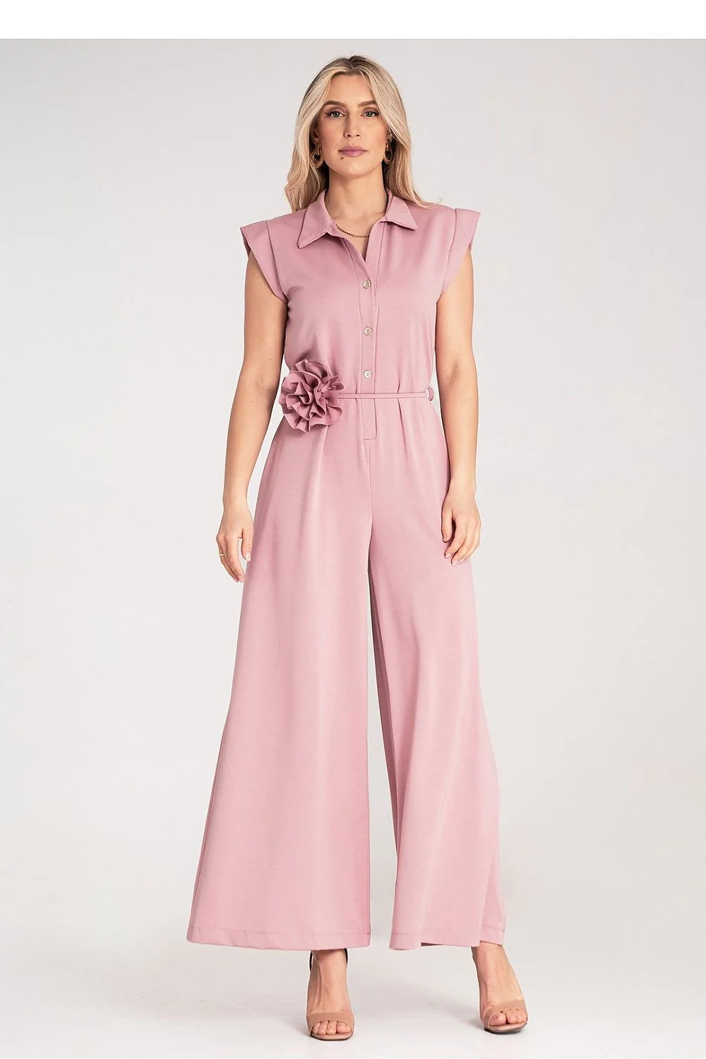 Figl combinaison palazzo rose poudré sans manches col chemise épaules structurées ceinture fine fleur viscose polyester élasthanne fluide