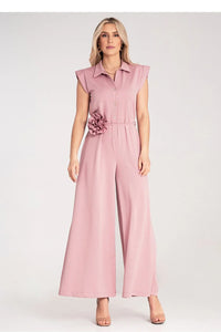 Figl combinaison palazzo rose poudré sans manches col chemise épaules structurées ceinture fine fleur viscose polyester élasthanne fluide