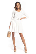Robe blanche polyester élégante col V ceinture dorée manches 3/4 chic moderne femme