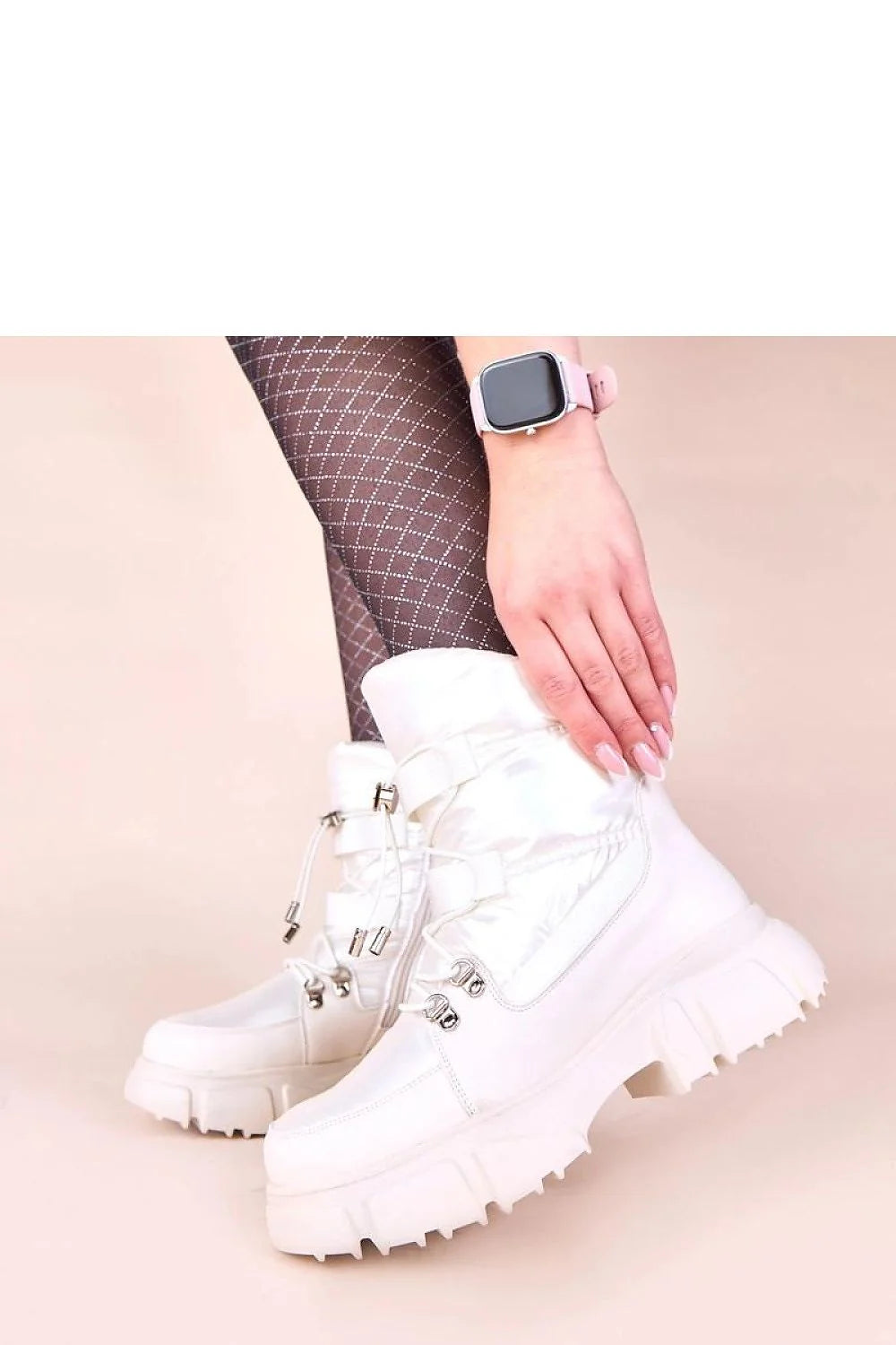 bottes neige blanches nacrées Gemre Jassi montantes chunky plateforme 5cm semelle crantée antidérapante doublure fourrure synthétique matelassées urbaines