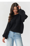 pull femme oversize maille noire texturée col bateau manches ballon poignets côtelés coupe raccourcie hanches mohair laine acrylique chaud confortable