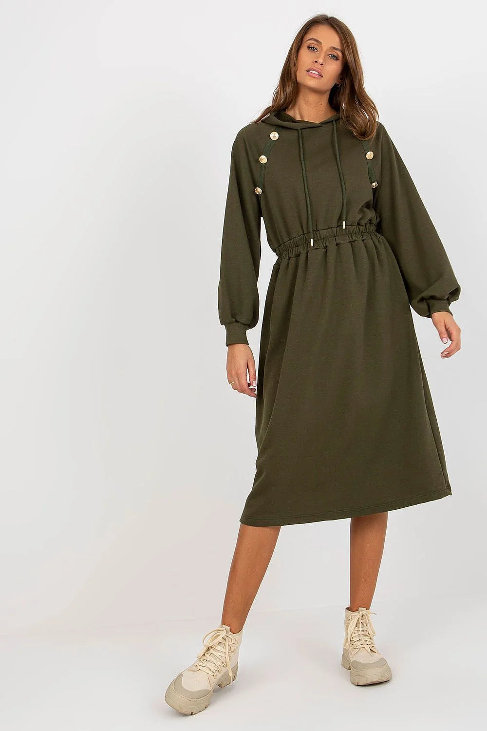Robe de jour Relevance en coton et elasthanne, manches longues, capuche, boutons decoratifs, couleur verte, style casual, pour femme