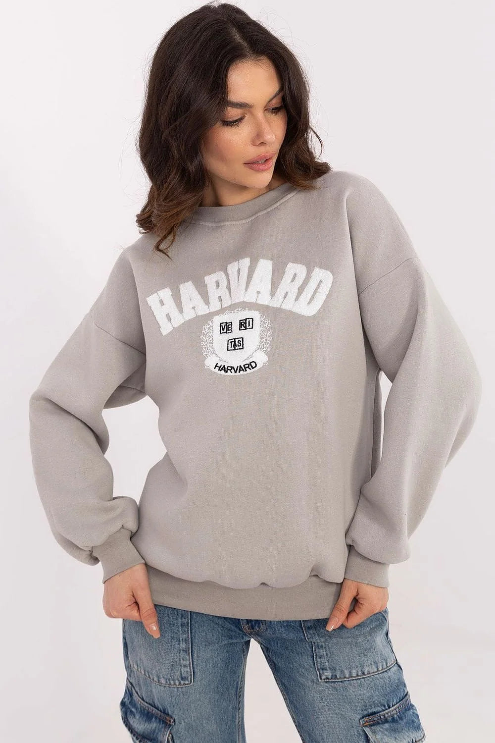 Sweatshirt Femme Universitaire HARVARD Blanc Gris Clair Coton Polyester Confort Style Sportif Manches Longues Col Rond Durable Polyvalent
