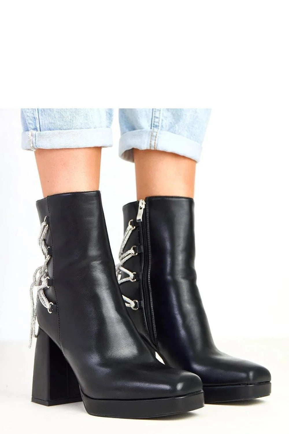 bottines femme noir cuir écologique bout rond tige cheville talon poteau haut 10cm plateforme 2cm lacets zircons arrière