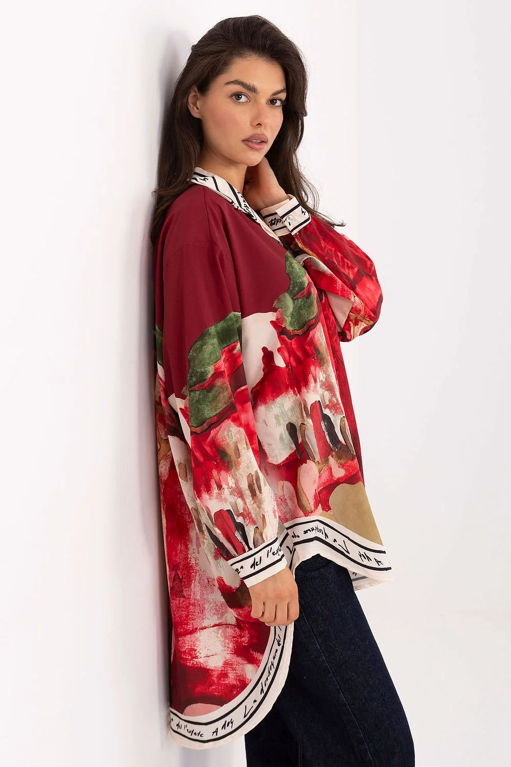 chemise tunique oversize manches longues col classique asymétrique dos prolongé imprimé floral aquarelle bordeaux vert olive bordures écriture