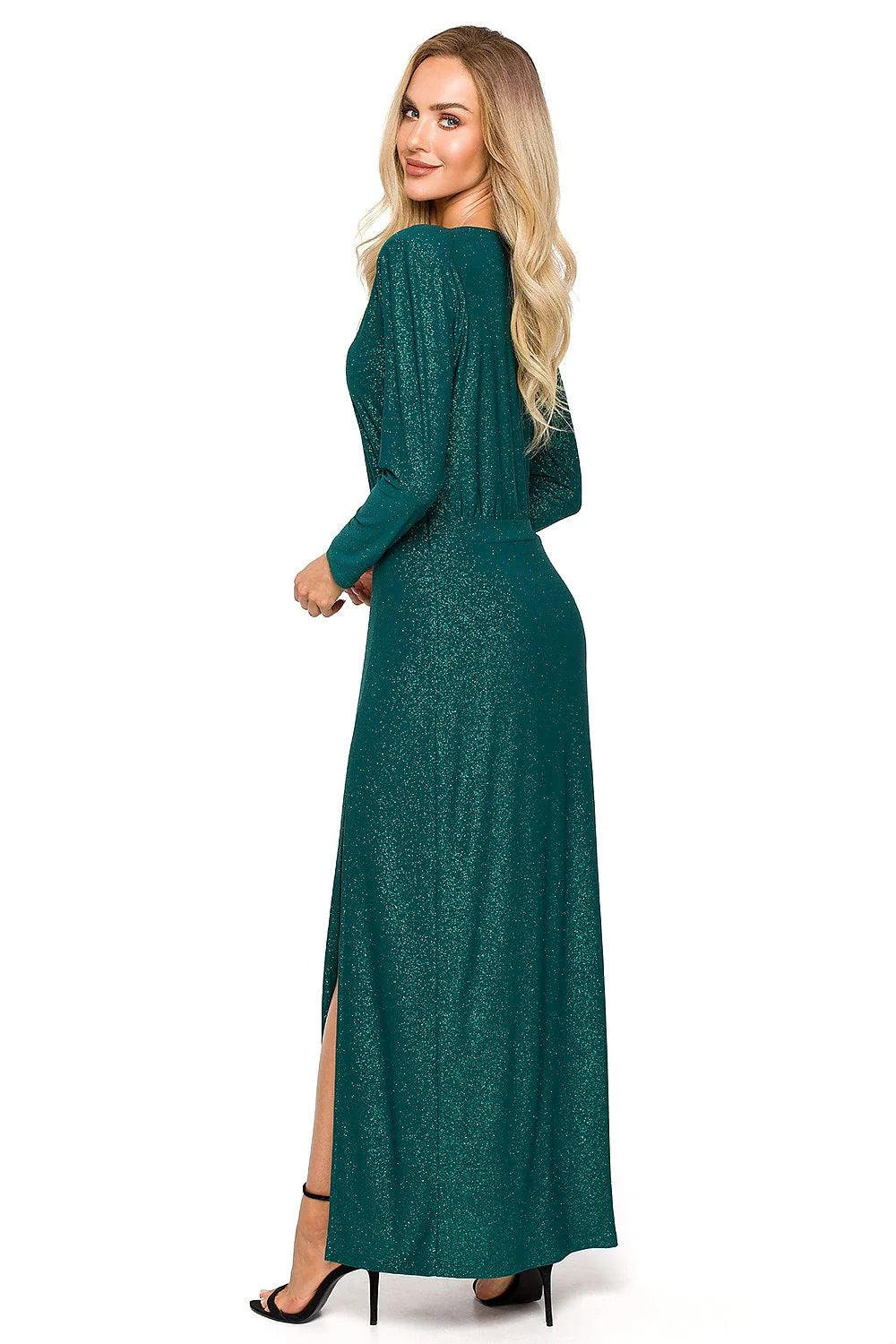 Robe de soirée élégante longue manches longues en brocart vert émeraude fente audacieuse pour femme