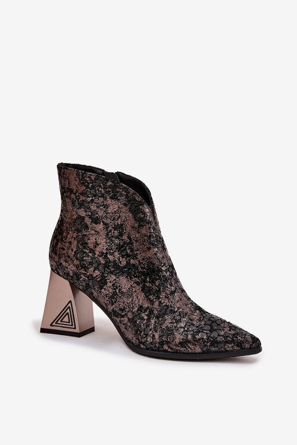bottines femme cuir naturel bout pointu talon bloc 8cm motif géométrique tige texturée brocart métallisé noir bronze fermeture zippée rembourrée
