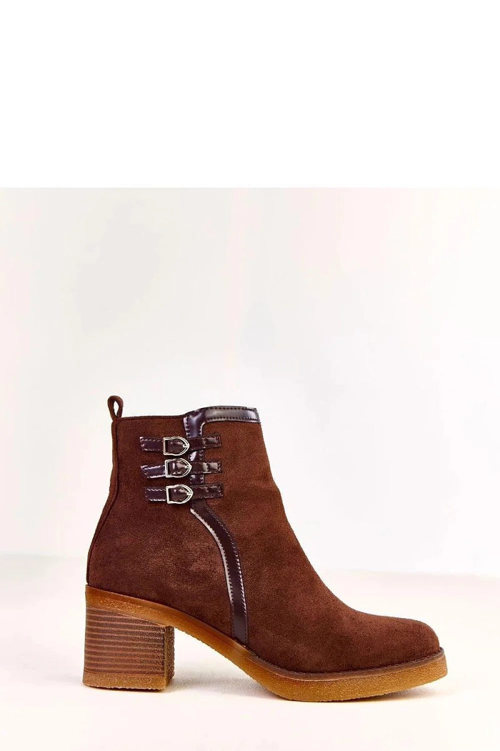 bottines cheville femme cuir écologique suédé souple marron bout rond talon bloc 7cm doublure chaude semelle gomme crêpe boucles métalliques