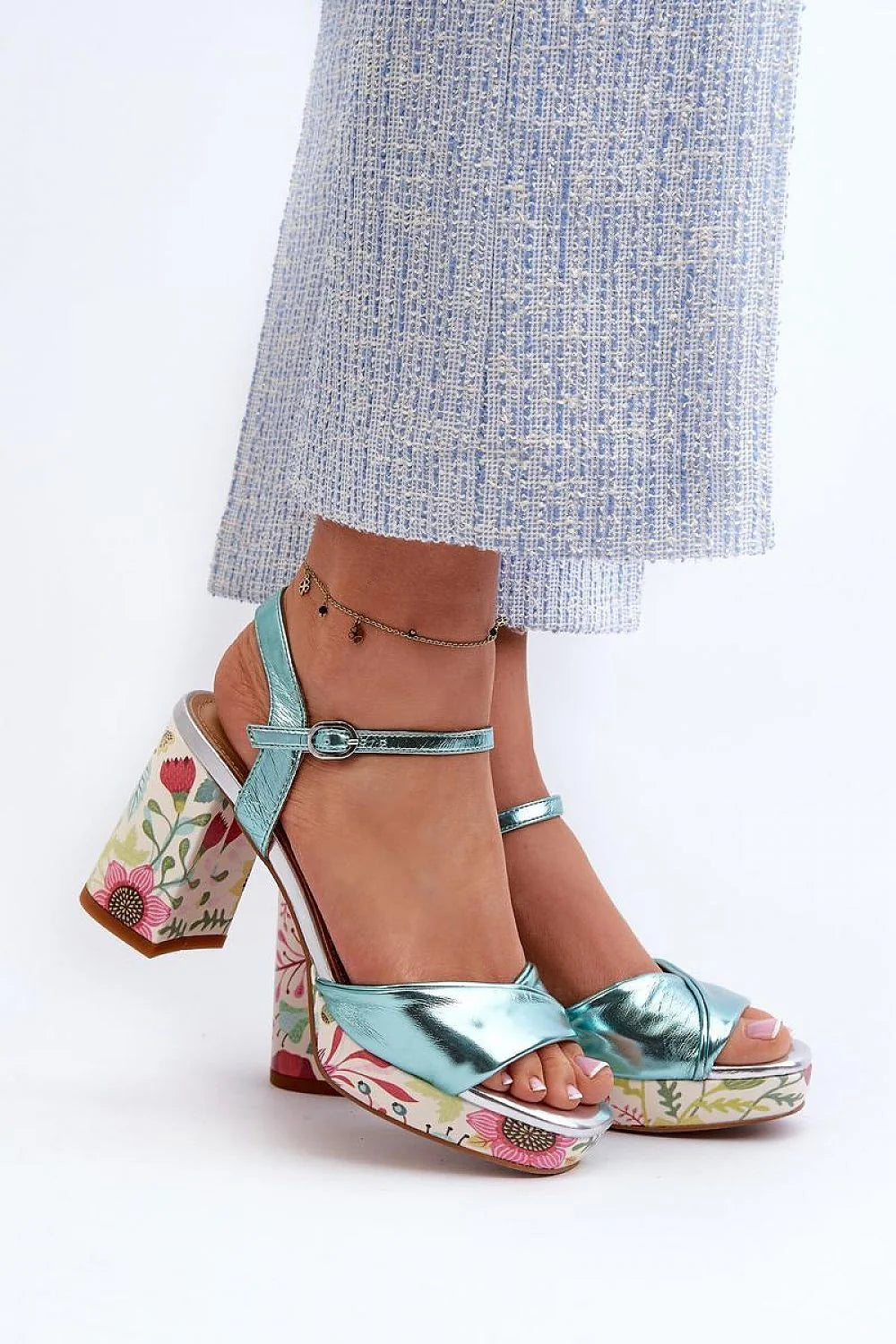 Sandales à talons block floral femme cuir artificiel bride ajustable confortable élégance été soirée mariage