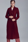manteau long femme bordeaux laine mélangée coupe ajustée mi mollet double boutonnage col tailleur poches rabat épaules structurées élégant intemporel