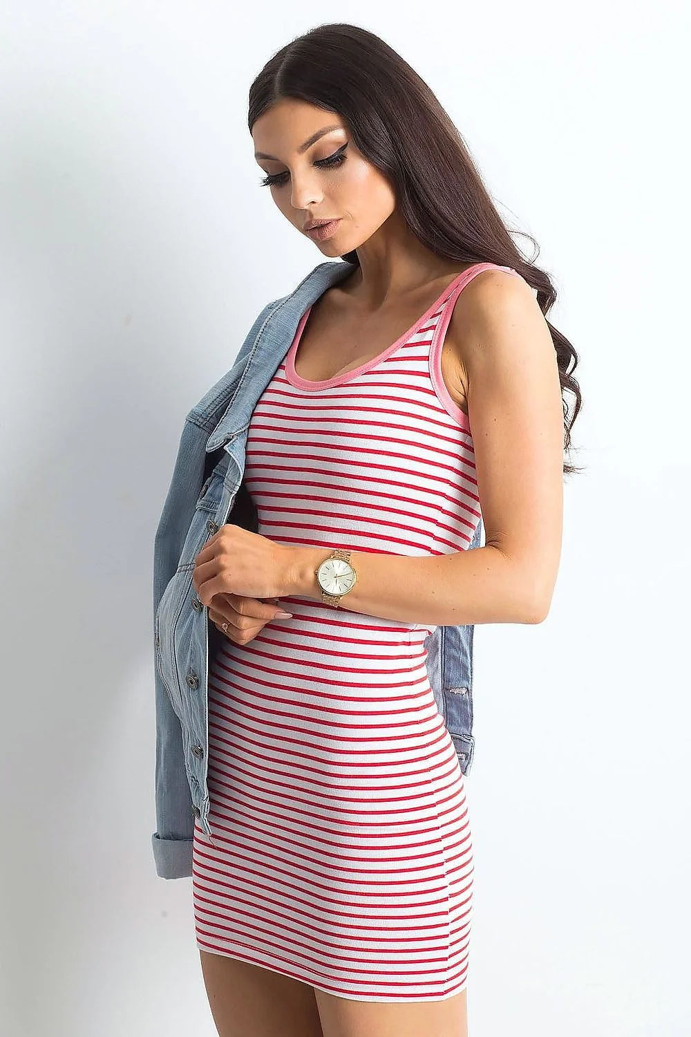 Robe sans manches pour femme rayures horizontales jersey coton 100 % ajustée encolure arrondie finitions précises occasions multiples
