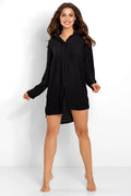 Chemise de nuit polyester style détente élégante noire manches longues col classique pour femmes