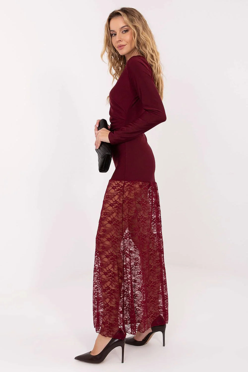 robe longue crayon bordeaux jersey manches longues encolure bateau taille cintrée jupe maxi dentelle florale plis