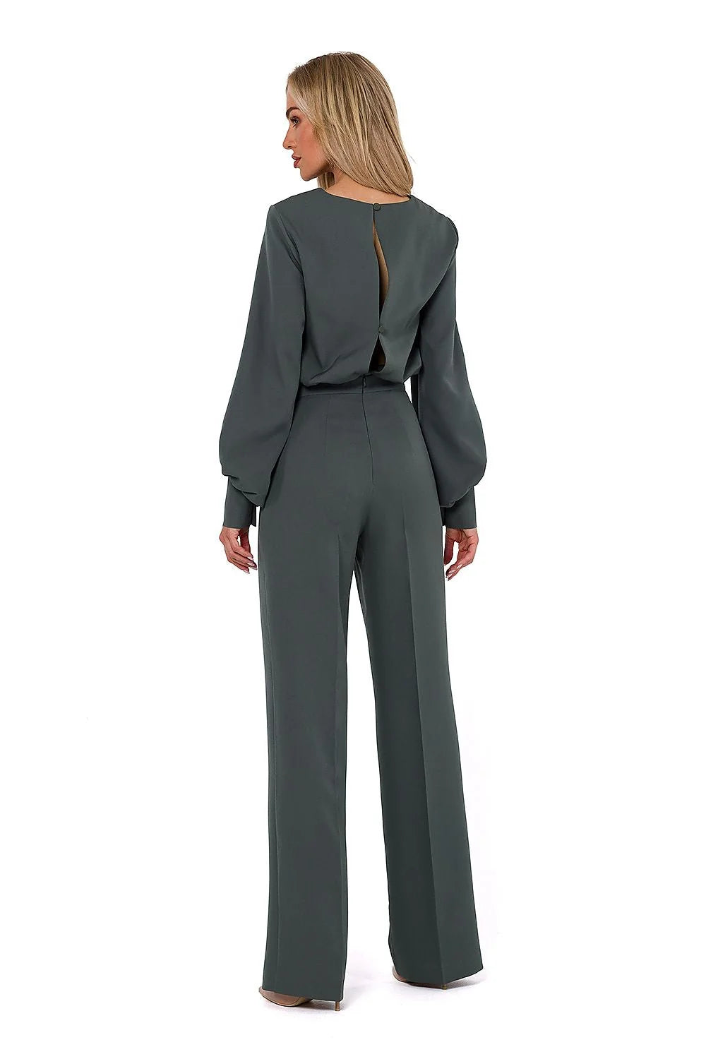 Combinaison élégante pour femme manches longues encolure ronde fermeture éclair bouton couleur gris foncé coupe large évasée taille ajustable femme