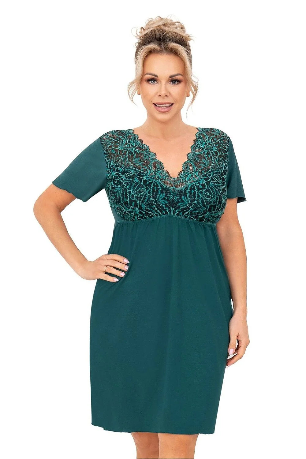 Chemise de nuit femme taille grande viscolle douce dentelle encolure V style empire couleur teal manches courtes