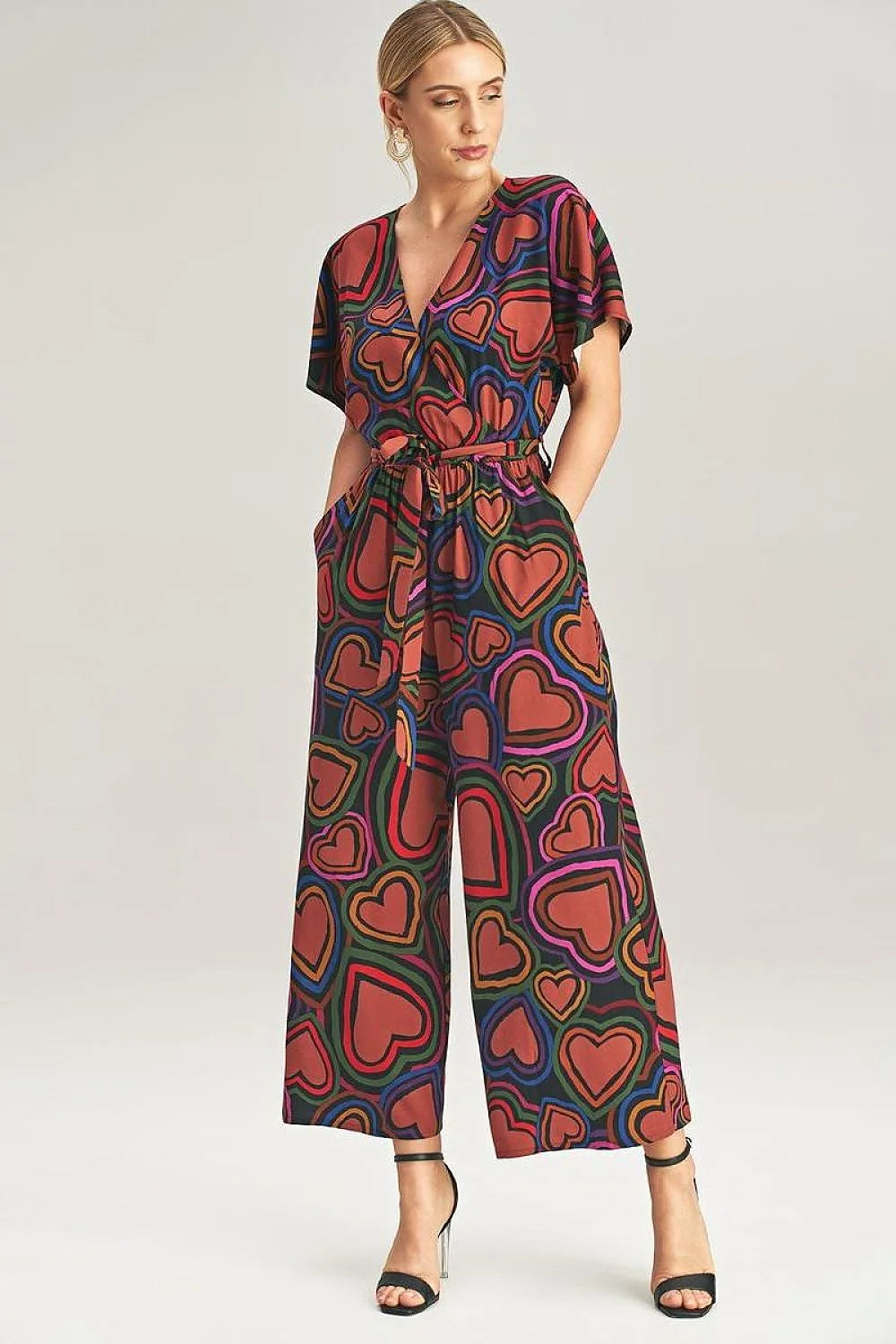 Combinaison femme moderne audacieuse imprimé cœur vibrant polyester elasthanne ample jambes larges manches courtes ceinture ajustable