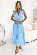 Robe de cocktail élégante longue en crêpe bleu clair encolure V manches volants ceinture ajustable femmes occasionnels