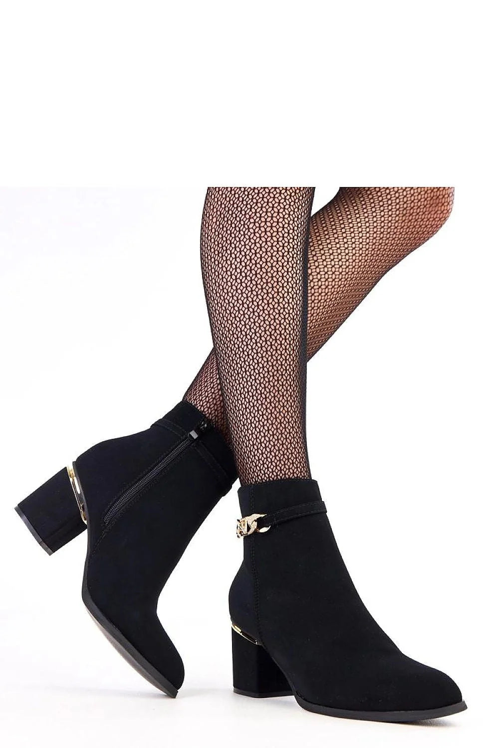 bottines cheville talon carré moyen suédine noire bout amande dorée zircons brillants chaîne bande métallique fermeture éclair latérale