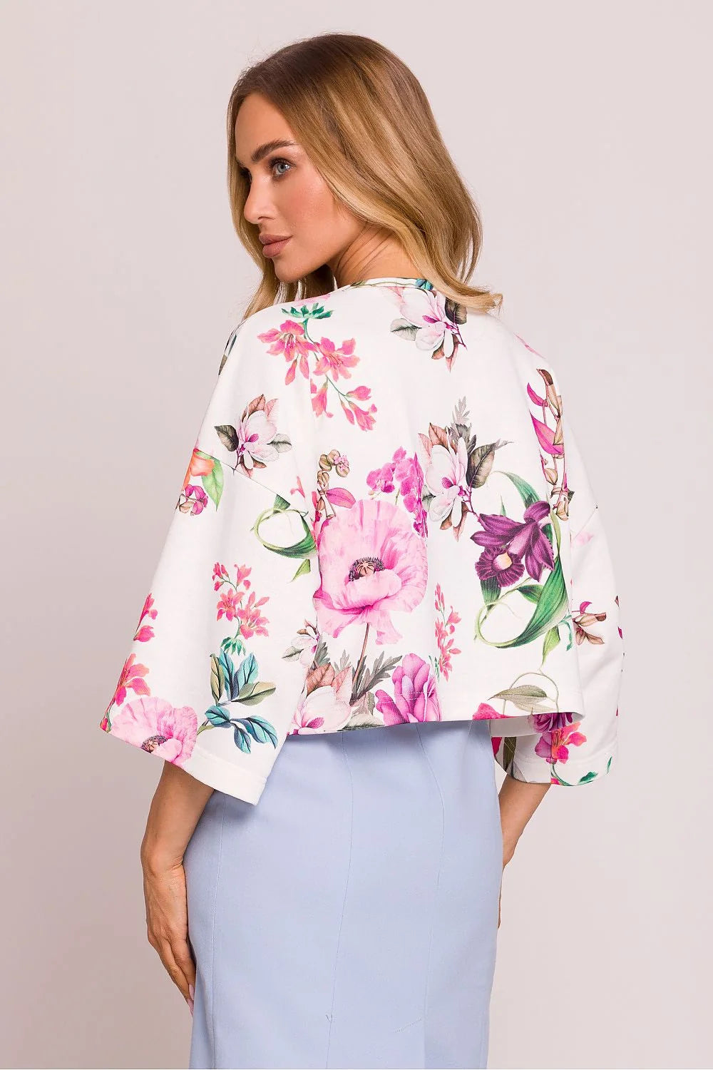 Chemisier floral femme oversize manches larges jupe droite bleu clair imprimé floral printemps été