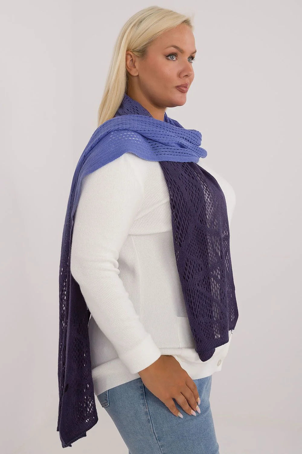 Écharpe ajourée à double couche en coton et laine, violet et bleu, style moderne et élégant pour femme