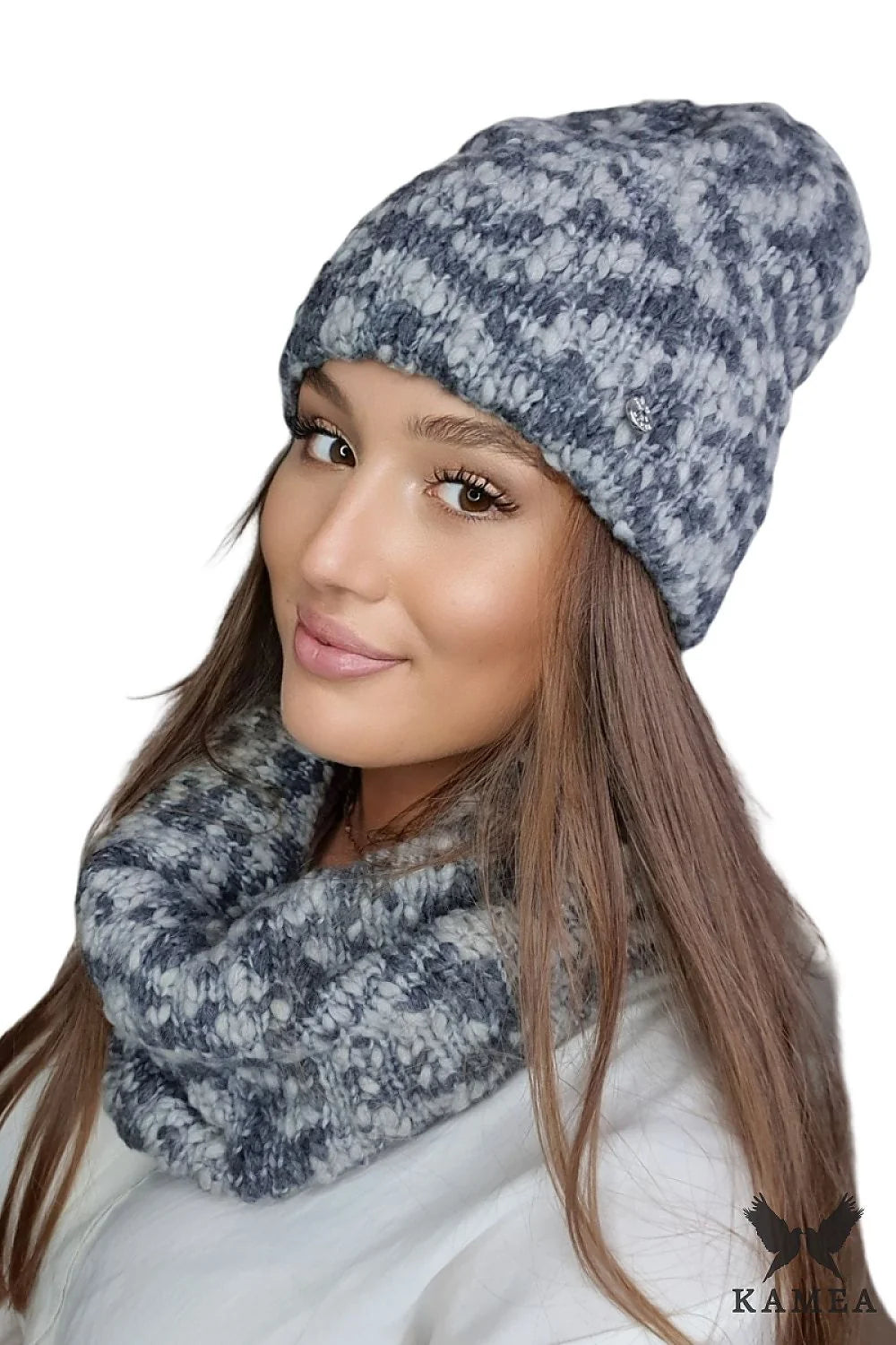 ensemble hivernal Kamea femme bonnet ample snood écharpe grosse maille bouclée chinée marbrée gris anthracite clair laine tricot épais chaud