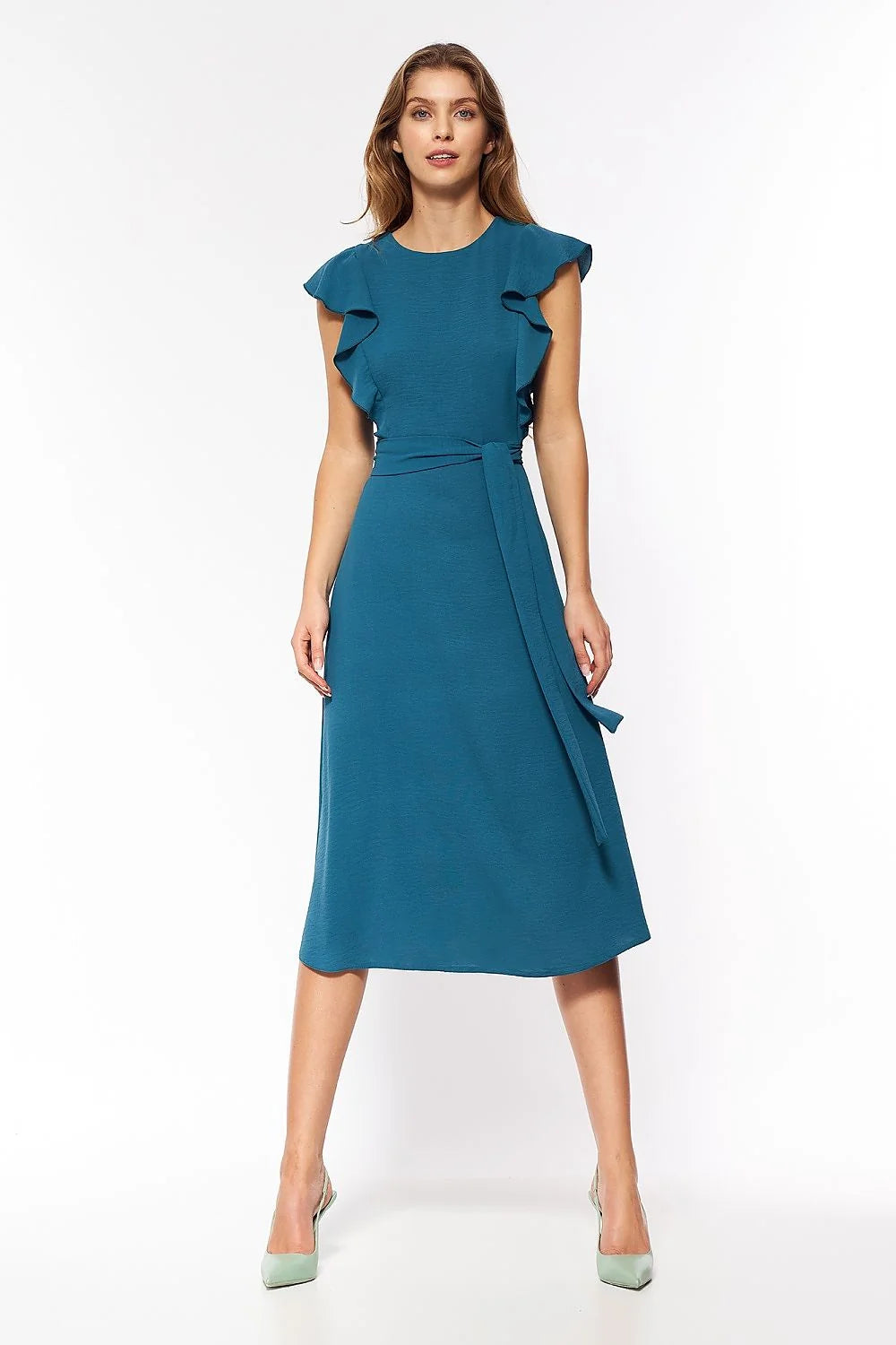 Robe élégante pour femme en tissu bleu pétrole manches volants coupe midi ceinture assortie taille ajustable