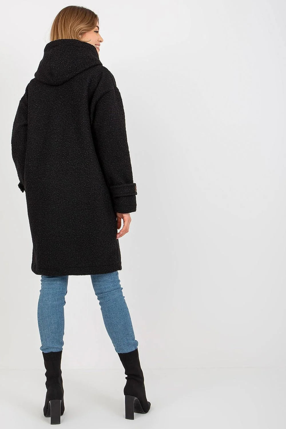 Manteau pour femme en peluche à manches longues capuche poches coulissantes non doublé non isolé couleur noir
