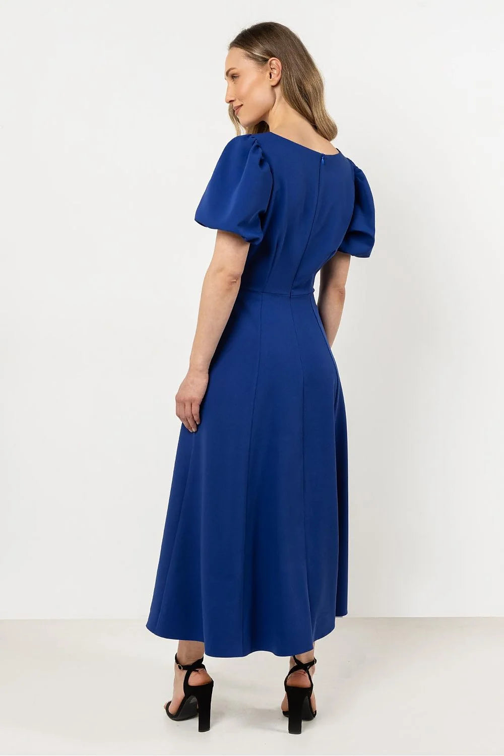 Robe élégante moderne mi-longue manches courtes puffed couleur bleu profond enceinte U ajustée taille femme