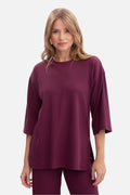 chemisier femme oversized côtelé prune encolure ronde manches troisquarts coupe droite hanches fentes latérales extensible doux coton élasthanne pologne artisanal