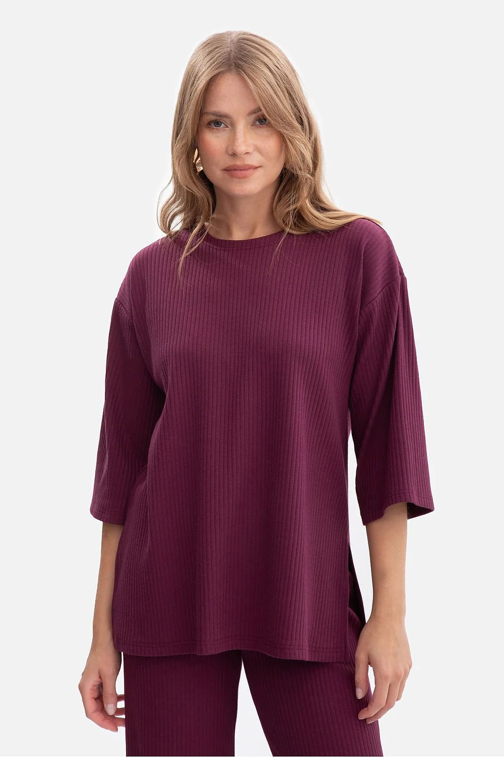 chemisier femme oversized côtelé prune encolure ronde manches troisquarts coupe droite hanches fentes latérales extensible doux coton élasthanne pologne artisanal