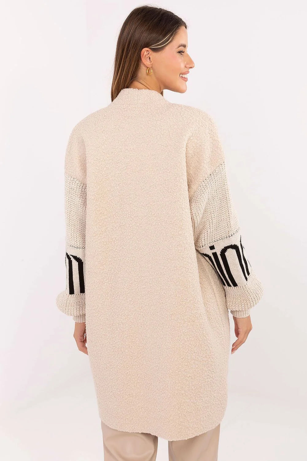 gilet cape long genou femme oversized beige bouclette polyester doux léger col châle manches bouffantes poches plaquées patch superposable polyvalent
