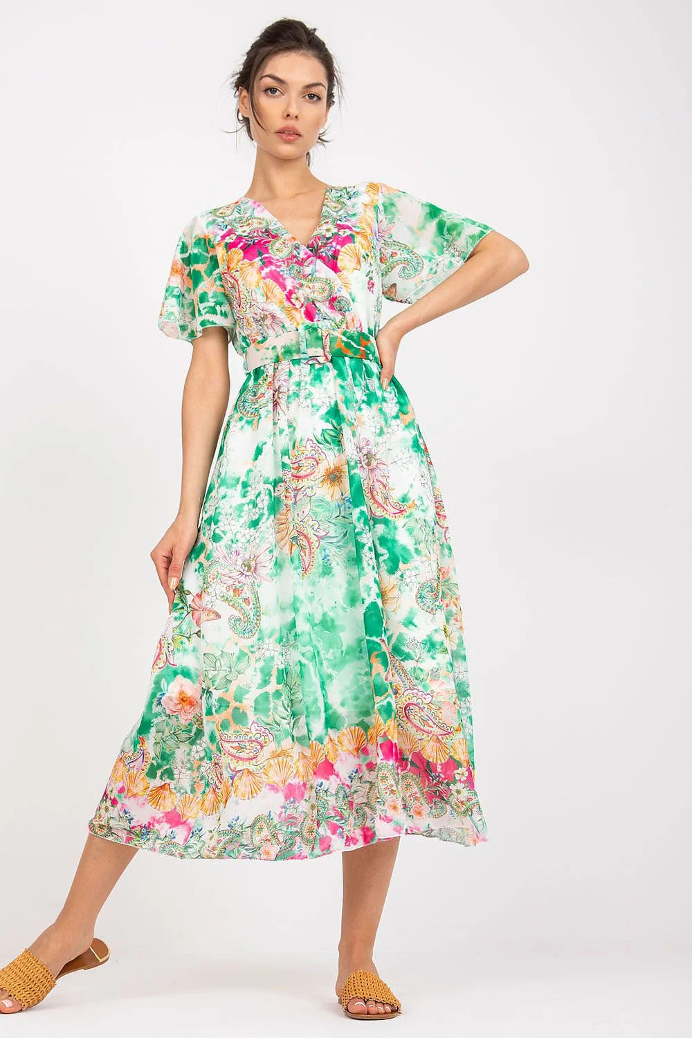 Robe longue colorée imprimé floral et paisley V-neck manches courtes ceinture assortie polyester maxi