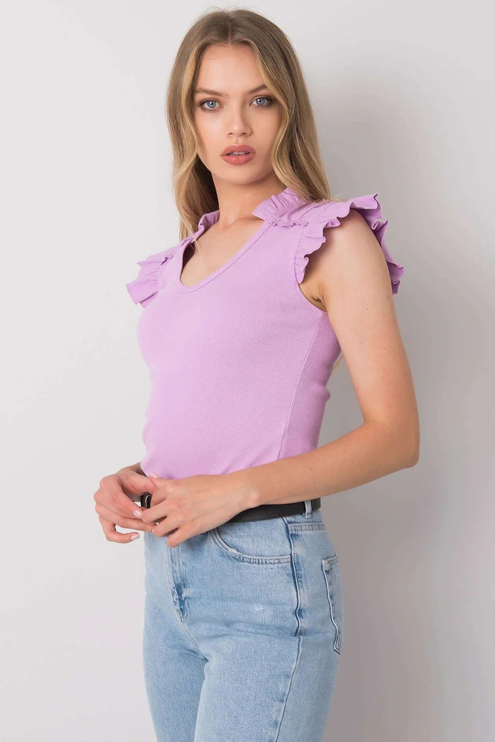 Chemisier Calben lavande manches papillon coton élasthanne taille unique S M coupe ajustée V-neck volants épaules féminin mode printemps été