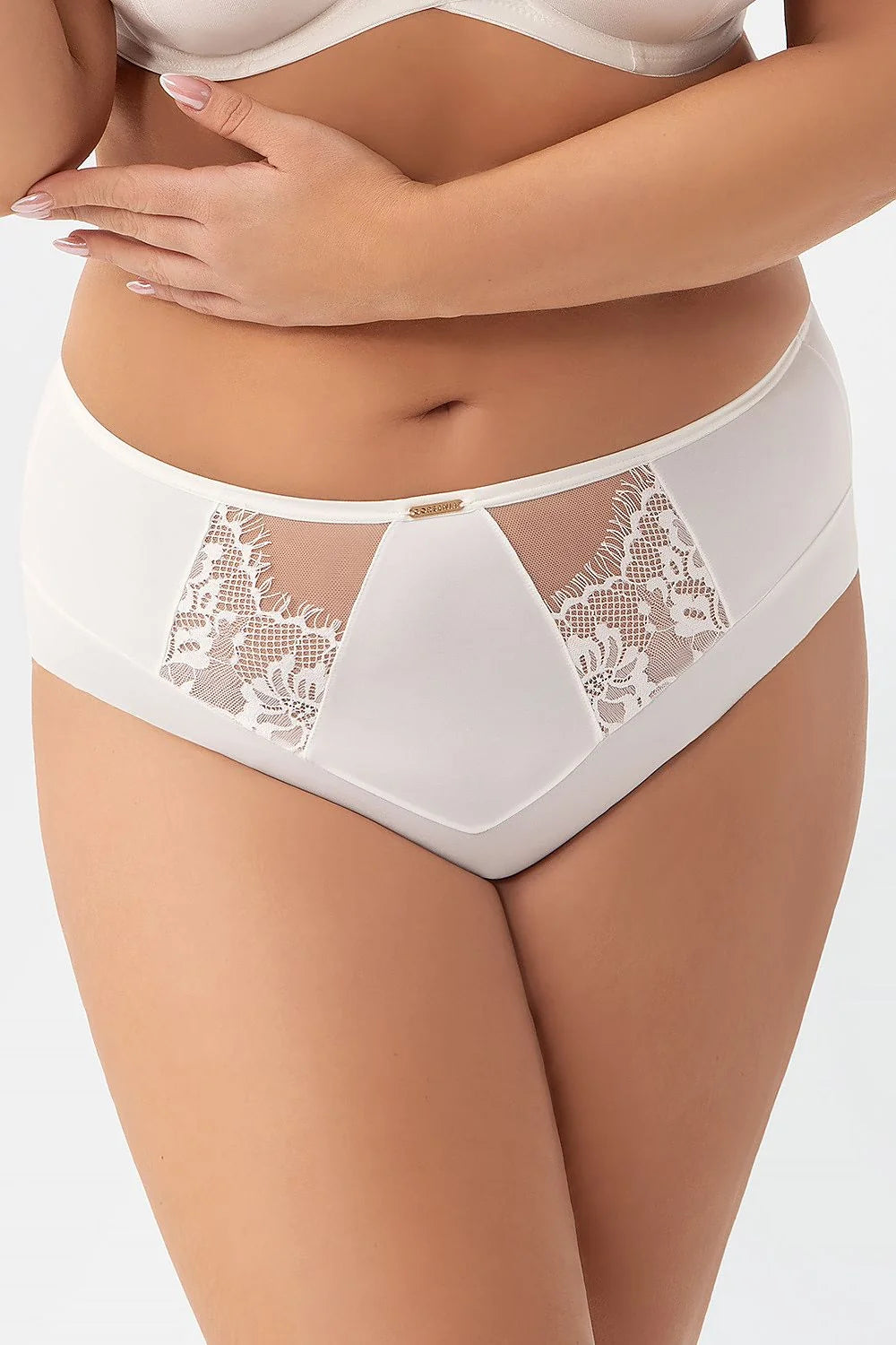 culotte taille haute sculptante grande microfibre satinée ivoire dentelle florale tulle transparent panneau renforcé gainant ceinture plate couvrante
