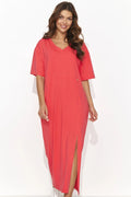 Robe de jour élégante longue manches courtes en coton corail fente plaque dorée taille ajustable femme