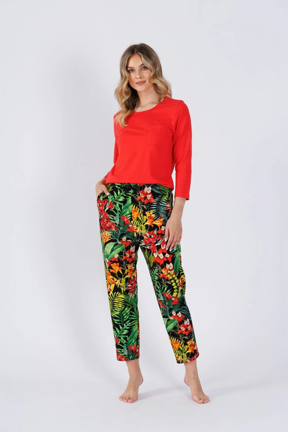 Pyjama femme manches longues coupe droite imprimé tropical tissu doux style décontracté confort liberté mouvement