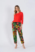 Pyjama femme manches longues coupe droite imprimé tropical tissu doux style décontracté confort liberté mouvement