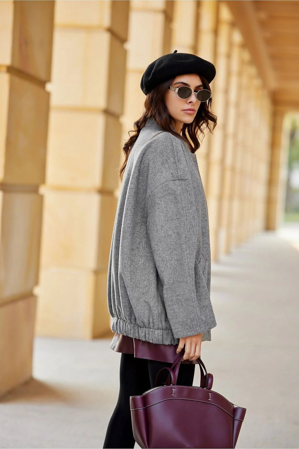 veste Roco Fashion femme oversize laine chiné gris col montant gros boutons manches larges poches latérales doublée coupe ample confortable